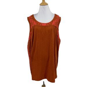 J Jill Tank Top Womens 4X Plus Spice Floral Embroidered Trim Seam Sleeveless